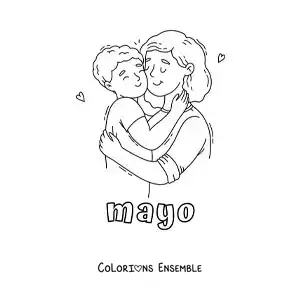 Coloriage de mai avec un câlin pour la fête des mères