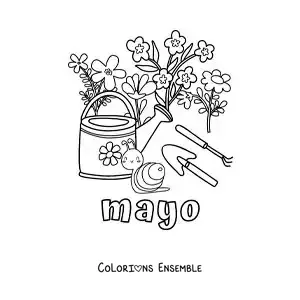 Coloriage de mai avec des fleurs à côté d’outils de jardinage et un escargot rigolo
