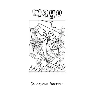Coloriage de mai avec un paysage de fleurs rigolotes et un soleil radieux