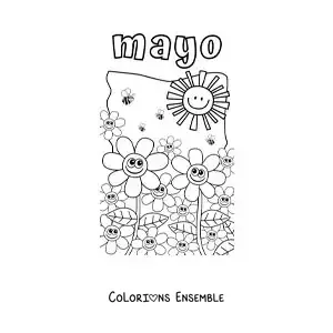 Coloriage de mai avec des fleurs rigolotes sous le soleil de printemps