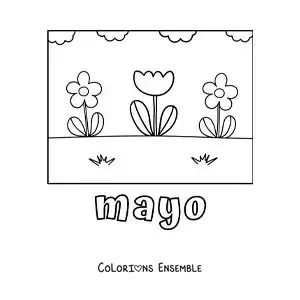 Coloriage de mai avec des fleurs toutes simples dans un jardin