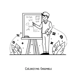 Image à colorier d’un professeur montrant un tableau avec des formules mathématiques