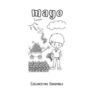 Coloriage de mai avec un garçon qui cueille des fleurs par une journée ensoleillée