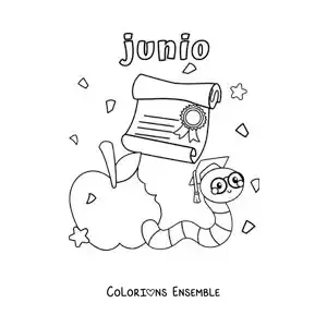 Coloriage de juin avec un ver rigolo qui porte une toque de remise des diplômes et tient un diplôme