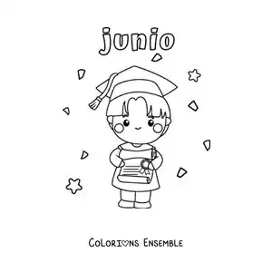 Coloriage de juin avec un garçon qui tient un diplôme et porte une toque à sa remise des diplômes