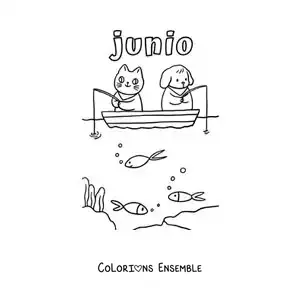 Coloriage de juin avec un chat et un chien rigolos qui pêchent dans une barque