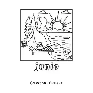 Coloriage de juin avec un campement au bord du lac