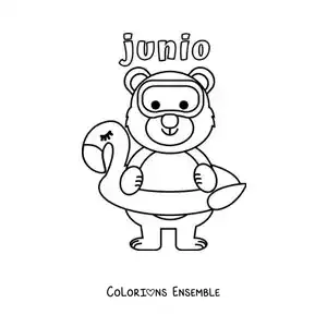 Coloriage de juin avec un ours rigolo qui porte une bouée et des lunettes de plongée