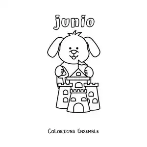 Coloriage de juin avec un chien rigolo qui construit un château de sable