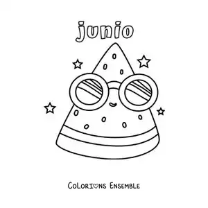 Coloriage de juin avec une pastèque rigolote qui porte des lunettes de soleil en été