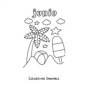 Coloriage de juin avec une journée d’été à la plage, un palmier et un ballon