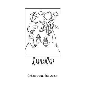Coloriage de juin avec une journée d’été à la plage, des phares et un cerf-volant