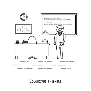 Image à colorier d’un professeur expliquant les mathématiques devant le tableau