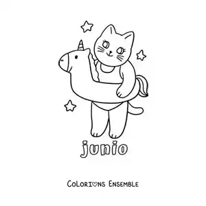 Coloriage de juin avec un chat rigolo qui porte une bouée