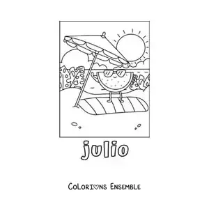 Coloriage de juillet avec une pastèque rigolote à la plage