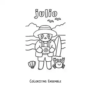 Coloriage de juillet avec un chat touriste rigolo à la plage