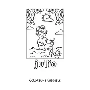 Coloriage de juillet avec un garçon en vacances qui joue dans le sable à la plage