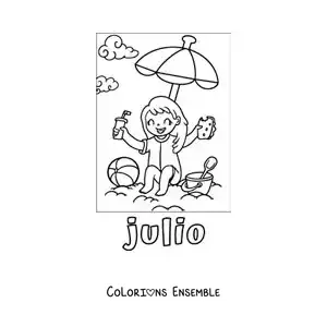 Coloriage de juillet avec une fille en vacances qui mange à la plage
