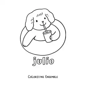 Coloriage de juillet avec un chien rigolo dans la piscine qui boit un verre