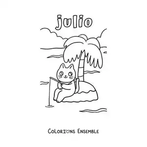 Coloriage de juillet avec un chat rigolo qui pêche sur une île