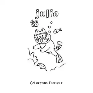Coloriage de juillet avec un chat rigolo qui plonge