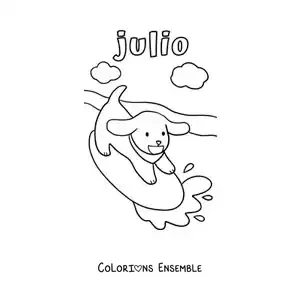 Coloriage de juillet avec un chien rigolo qui fait du surf