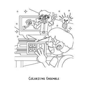 Image à colorier d’un élève regardant son professeur donner cours sur l’ordinateur portable