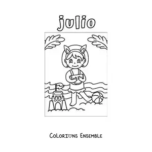 Coloriage de juillet avec une fille à la plage qui construit un château de sable
