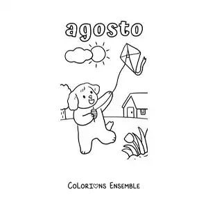 Coloriage d’août avec un chien rigolo qui fait voler un cerf-volant