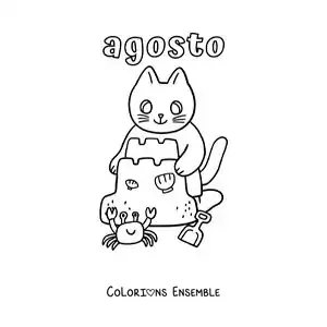 Coloriage d’août avec un chat rigolo qui construit un château de sable