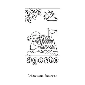 Coloriage d’août avec une fille en vacances qui construit un château de sable
