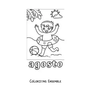 Coloriage d’août avec un garçon qui joue à la plage