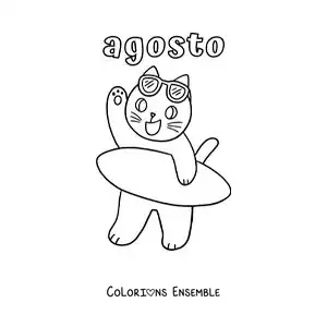 Coloriage d’août avec un chat rigolo qui tient une planche de surf