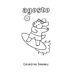 Coloriage d’août avec un chien rigolo qui fait du surf