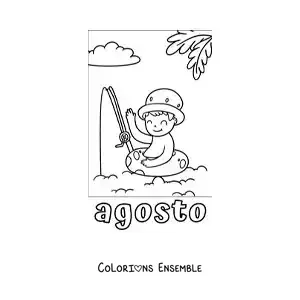 Coloriage d’août avec un garçon en vacances qui pêche à la plage