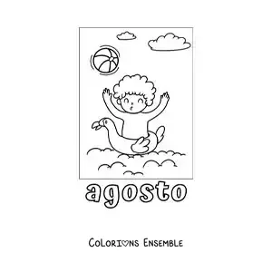 Coloriage d’août avec un garçon en vacances qui joue dans la piscine