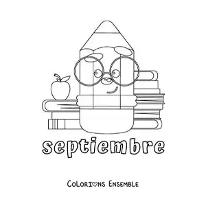 Coloriage de septembre avec un crayon rigolo et des fournitures scolaires