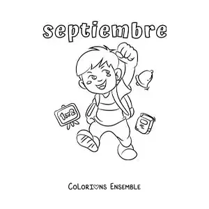 Coloriage de septembre avec un enfant qui fait sa rentrée scolaire