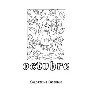 Coloriage d’octobre avec une fille parmi les feuilles d’automne