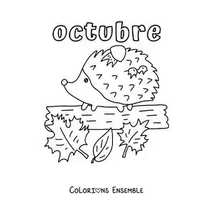 Coloriage d’octobre avec un porc-épic parmi les feuilles d’automne