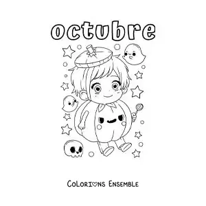 Image à colorier d'octobre avec un enfant déguisé en citrouille kawaii d'Halloween