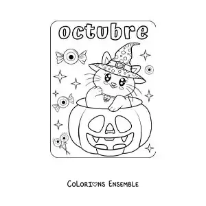 Image à colorier d'octobre avec un chat kawaii installé dans une citrouille d'Halloween