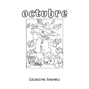 Image à colorier d'octobre avec un épouvantail tout mignon en pleine saison d'automne