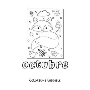 Image à colorier d'octobre avec un renard entouré de feuilles d'automne