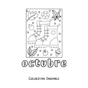 Image à colorier d'octobre avec une paire de bottes posées parmi les feuilles d'automne