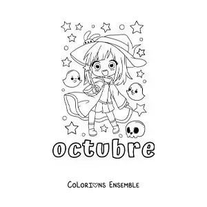 Image à colorier d'octobre avec une fille déguisée en gentille sorcière kawaii d'Halloween