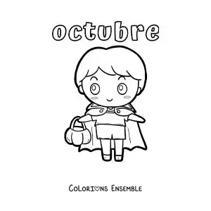Image à colorier d'octobre avec un garçon tout mignon déguisé en vampire d'Halloween