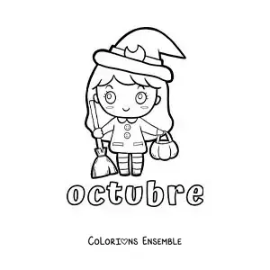 Image à colorier d'octobre avec une fille toute mignonne déguisée en sorcière d'Halloween