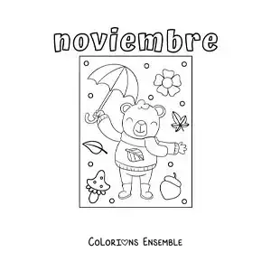 Image à colorier de novembre avec un ours tout mignon portant un manteau d'automne