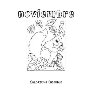Image à colorier de novembre avec un écureuil entouré de feuilles d'automne